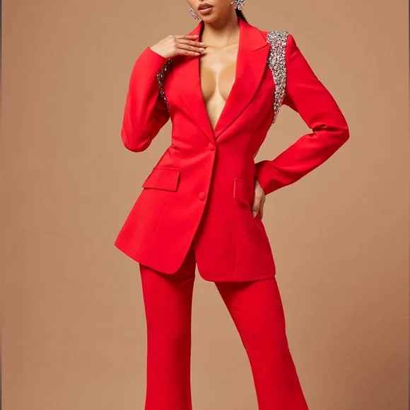 Claire Embellished Blazer Pant Suit Set - Red - Picture 1 of 7